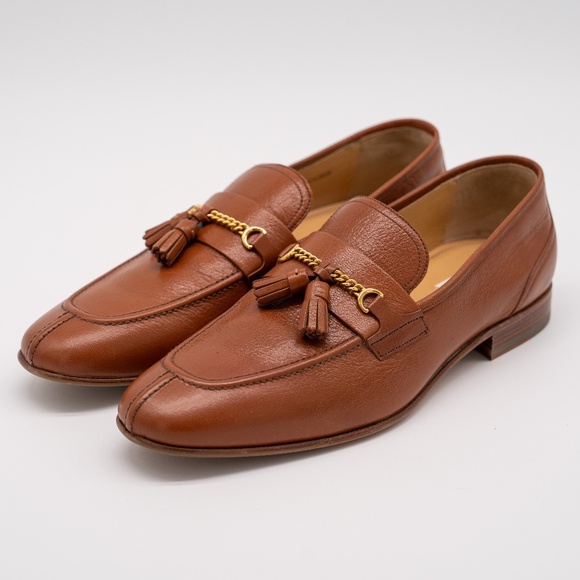 size 8.5 Bally Tan Saily Cuero Goat Grained Leather Gold Chain Tassel Loafers - Picture 1 of 13